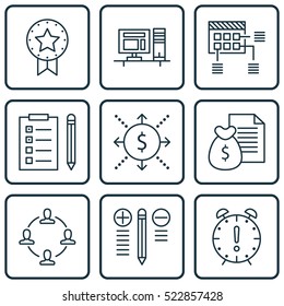 Set Of 9 Project Management Icons. Can Be Used For Web, Mobile, UI And Infographic Design. Includes Elements Such As Revenue, Project, Collaboration And More.