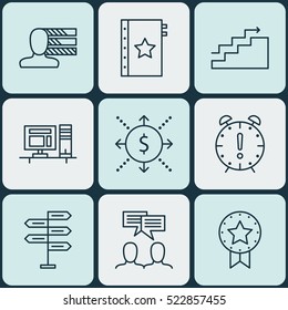 Set Of 9 Project Management Icons. Can Be Used For Web, Mobile, UI And Infographic Design. Includes Elements Such As Decision, Deadline, Award And More.