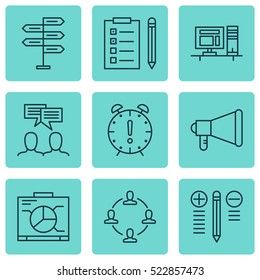 Set Of 9 Project Management Icons. Can Be Used For Web, Mobile, UI And Infographic Design. Includes Elements Such As Presentation, Team, Discussion And More.