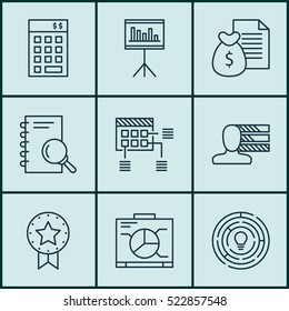 Set Of 9 Project Management Icons. Can Be Used For Web, Mobile, UI And Infographic Design. Includes Elements Such As Badge, Analysis, Money And More.