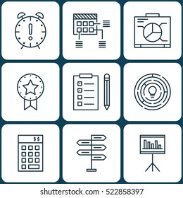 Set Of 9 Project Management Icons. Can Be Used For Web, Mobile, UI And Infographic Design. Includes Elements Such As Project, Time, Presentation And More.