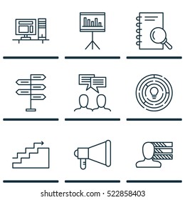 Set Of 9 Project Management Icons. Can Be Used For Web, Mobile, UI And Infographic Design. Includes Elements Such As Meeting, Chart, Making And More.
