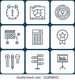 Set Of 9 Project Management Icons. Can Be Used For Web, Mobile, UI And Infographic Design. Includes Elements Such As Plan, Statistics, Time And More.