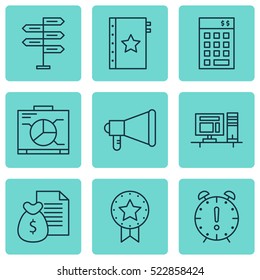 Set Of 9 Project Management Icons. Can Be Used For Web, Mobile, UI And Infographic Design. Includes Elements Such As Deadline, Date, Budget And More.