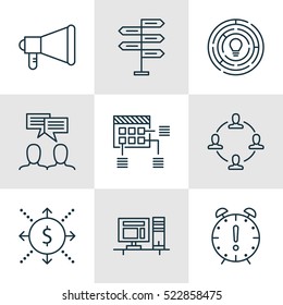 Set Of 9 Project Management Icons. Can Be Used For Web, Mobile, UI And Infographic Design. Includes Elements Such As Meeting, Announcement, Project And More.