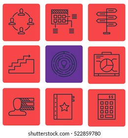 Set Of 9 Project Management Icons. Can Be Used For Web, Mobile, UI And Infographic Design. Includes Elements Such As Chart, Skills, Schedule And More.