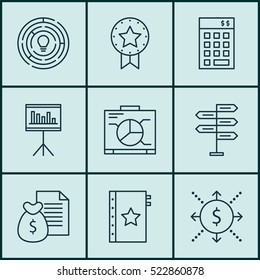 Set Of 9 Project Management Icons. Can Be Used For Web, Mobile, UI And Infographic Design. Includes Elements Such As Flow, Money, Budget And More.