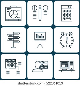 Set Of 9 Project Management Icons. Can Be Used For Web, Mobile, UI And Infographic Design. Includes Elements Such As Skills, Office, Deadline And More.
