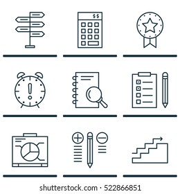 Set Of 9 Project Management Icons. Can Be Used For Web, Mobile, UI And Infographic Design. Includes Elements Such As Presentation, Task, Making And More.