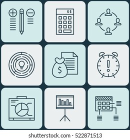 Set Of 9 Project Management Icons. Can Be Used For Web, Mobile, UI And Infographic Design. Includes Elements Such As Brainstorming, Report, Collaboration And More.