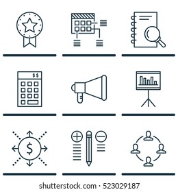 Set Of 9 Project Management Icons. Can Be Used For Web, Mobile, UI And Infographic Design. Includes Elements Such As Analysis, Research, Right And More.