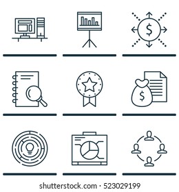 Set Of 9 Project Management Icons. Can Be Used For Web, Mobile, UI And Infographic Design. Includes Elements Such As Brainstorming, Cash, Win And More.