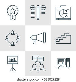 Set Of 9 Project Management Icons. Can Be Used For Web, Mobile, UI And Infographic Design. Includes Elements Such As Dashboard, Workspace, Win And More.