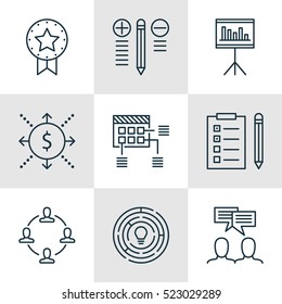 Set Of 9 Project Management Icons. Can Be Used For Web, Mobile, UI And Infographic Design. Includes Elements Such As Discussion, Presentation, Statistics And More.