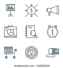 Set Of 9 Project Management Icons. Can Be Used For Web, Mobile, UI And Infographic Design. Includes Elements Such As Promotion, Plan, Advertising And More.