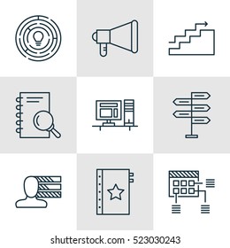 Set Of 9 Project Management Icons. Can Be Used For Web, Mobile, UI And Infographic Design. Includes Elements Such As Personal, Notebook, Quality And More.
