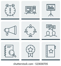 Set Of 9 Project Management Icons. Can Be Used For Web, Mobile, UI And Infographic Design. Includes Elements Such As Workspace, Advertising, Management And More.