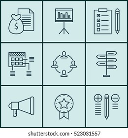 Set Of 9 Project Management Icons. Can Be Used For Web, Mobile, UI And Infographic Design. Includes Elements Such As Reminder, List, Fork And More.
