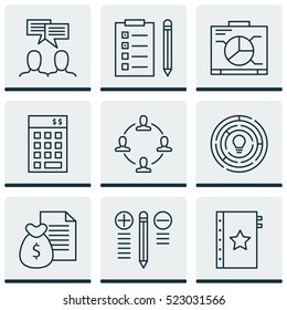 Set Of 9 Project Management Icons. Can Be Used For Web, Mobile, UI And Infographic Design. Includes Elements Such As Brainstorming, Finance, Management And More.
