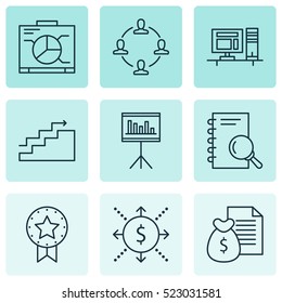 Set Of 9 Project Management Icons. Can Be Used For Web, Mobile, UI And Infographic Design. Includes Elements Such As Flow, Statistic, Money And More.