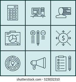 Set Of 9 Project Management Icons. Can Be Used For Web, Mobile, UI And Infographic Design. Includes Elements Such As Idea, Promotion, Advertising And More.