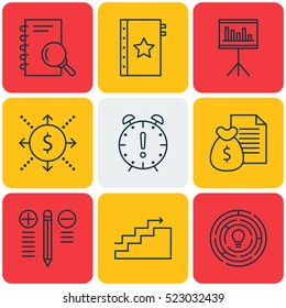 Set Of 9 Project Management Icons. Can Be Used For Web, Mobile, UI And Infographic Design. Includes Elements Such As Notebook, Right, Goal And More.