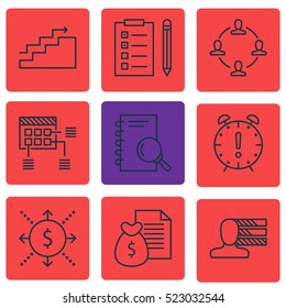 Set Of 9 Project Management Icons. Can Be Used For Web, Mobile, UI And Infographic Design. Includes Elements Such As Plan, Revenue, Task And More.