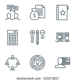 Set Of 9 Project Management Icons. Can Be Used For Web, Mobile, UI And Infographic Design. Includes Elements Such As Computer, Finance, Skills And More.