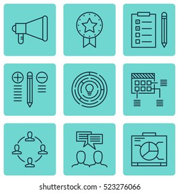Set Of 9 Project Management Icons. Can Be Used For Web, Mobile, UI And Infographic Design. Includes Elements Such As Award, Brainstorm, Team And More.