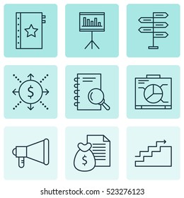 Set Of 9 Project Management Icons. Can Be Used For Web, Mobile, UI And Infographic Design. Includes Elements Such As Cash, Growth, Quality And More.