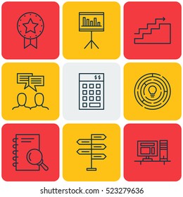 Set Of 9 Project Management Icons. Can Be Used For Web, Mobile, UI And Infographic Design. Includes Elements Such As Notebook, Statistics, Computer And More.