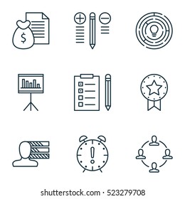 Set Of 9 Project Management Icons. Can Be Used For Web, Mobile, UI And Infographic Design. Includes Elements Such As Award, Collaboration, Right And More.
