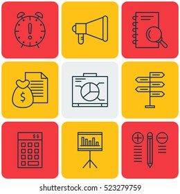 Set Of 9 Project Management Icons. Can Be Used For Web, Mobile, UI And Infographic Design. Includes Elements Such As Report, Finance, Budget And More.
