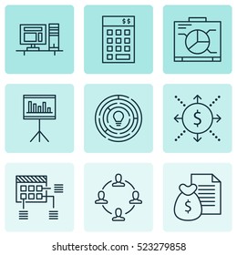 Set Of 9 Project Management Icons. Can Be Used For Web, Mobile, UI And Infographic Design. Includes Elements Such As Team, Money, Schedule And More.