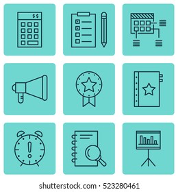 Set Of 9 Project Management Icons. Can Be Used For Web, Mobile, UI And Infographic Design. Includes Elements Such As Promotion, Date, Time And More.