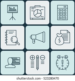 Set Of 9 Project Management Icons. Can Be Used For Web, Mobile, UI And Infographic Design. Includes Elements Such As Statistic, Date, Time And More.