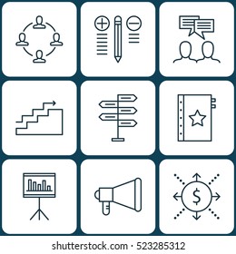Set Of 9 Project Management Icons. Can Be Used For Web, Mobile, UI And Infographic Design. Includes Elements Such As Flow, Money, Advertising And More.