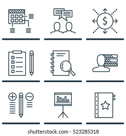 Set Of 9 Project Management Icons. Can Be Used For Web, Mobile, UI And Infographic Design. Includes Elements Such As List, Statistics, Solution And More.