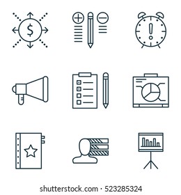 Set Of 9 Project Management Icons. Can Be Used For Web, Mobile, UI And Infographic Design. Includes Elements Such As Statistics, Personal, Flow And More.