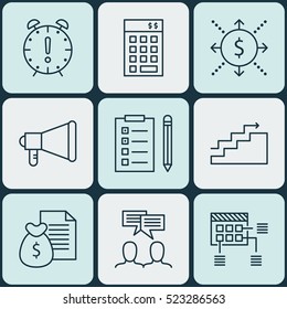 Set Of 9 Project Management Icons. Can Be Used For Web, Mobile, UI And Infographic Design. Includes Elements Such As Report, Task, Finance And More.