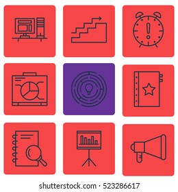 Set Of 9 Project Management Icons. Can Be Used For Web, Mobile, UI And Infographic Design. Includes Elements Such As Statistic, Brainstorm, Promotion And More.