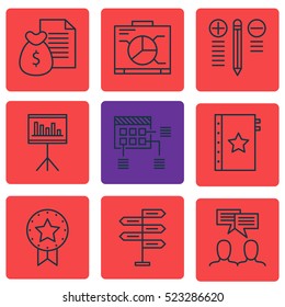 Set Of 9 Project Management Icons. Can Be Used For Web, Mobile, UI And Infographic Design. Includes Elements Such As Report, Decision, Plan And More.