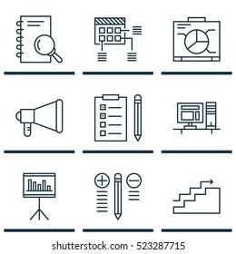 Set Of 9 Project Management Icons. Can Be Used For Web, Mobile, UI And Infographic Design. Includes Elements Such As Advertising, List, Office And More.