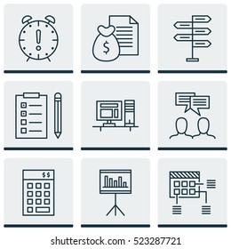 Set Of 9 Project Management Icons. Can Be Used For Web, Mobile, UI And Infographic Design. Includes Elements Such As Finance, Revenue, Plan And More.