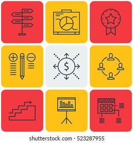Set Of 9 Project Management Icons. Can Be Used For Web, Mobile, UI And Infographic Design. Includes Elements Such As Collaboration, Presentation, Money And More.