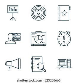 Set Of 9 Project Management Icons. Can Be Used For Web, Mobile, UI And Infographic Design. Includes Elements Such As Statistic, Brainstorming, Dashboard And More.