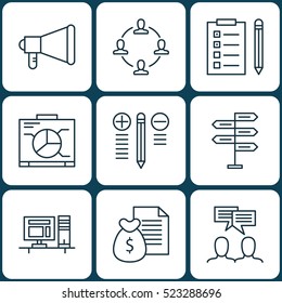 Set Of 9 Project Management Icons. Can Be Used For Web, Mobile, UI And Infographic Design. Includes Elements Such As Teamwork, Advertising, Revenue And More.