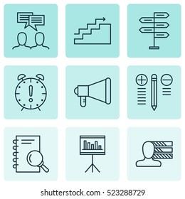 Set Of 9 Project Management Icons. Can Be Used For Web, Mobile, UI And Infographic Design. Includes Elements Such As Time, Statistic, Discussion And More.