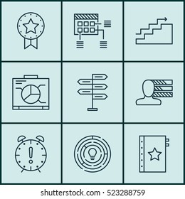 Set Of 9 Project Management Icons. Can Be Used For Web, Mobile, UI And Infographic Design. Includes Elements Such As Skills, Chart, Brainstorm And More.