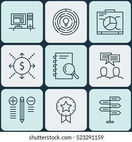 Set Of 9 Project Management Icons. Can Be Used For Web, Mobile, UI And Infographic Design. Includes Elements Such As Notebook, Solution, Brainstorming And More.